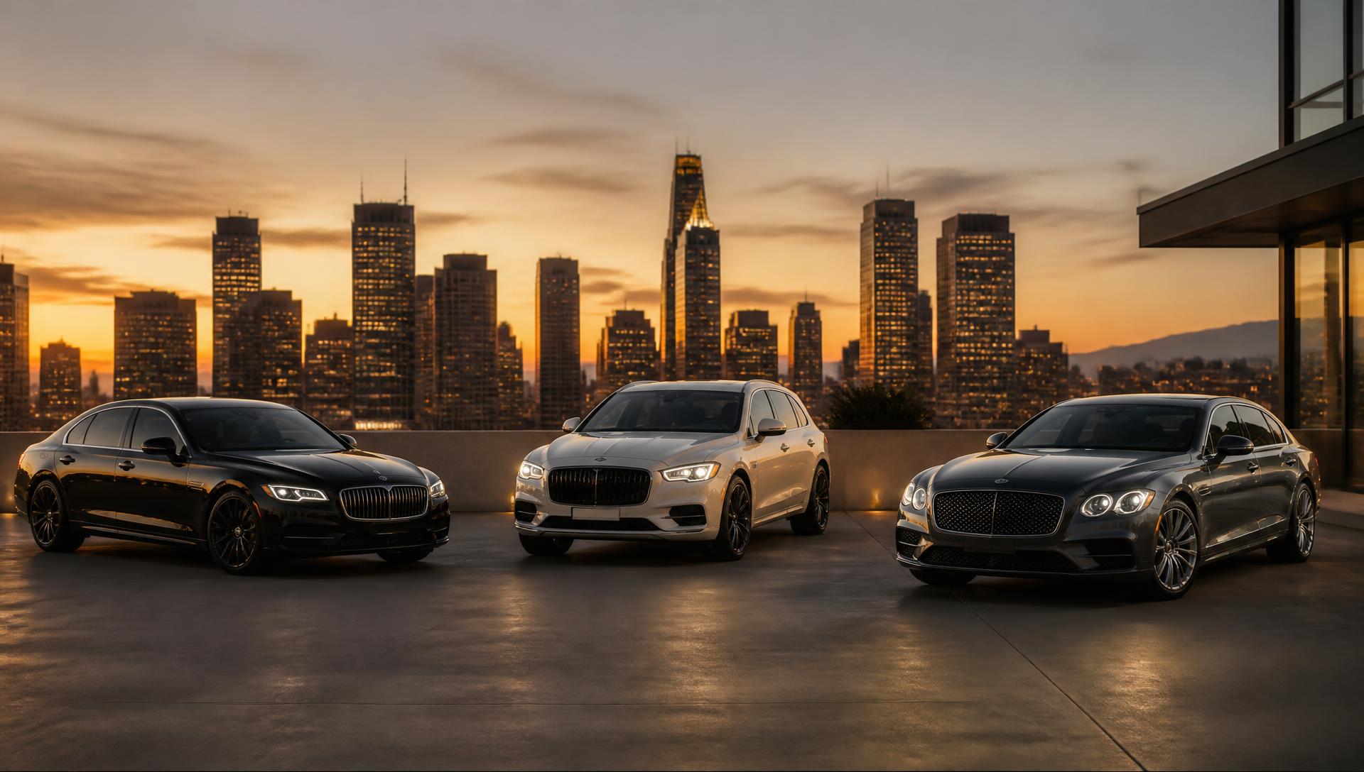 Premium cars parked on an urban rooftop at dusk